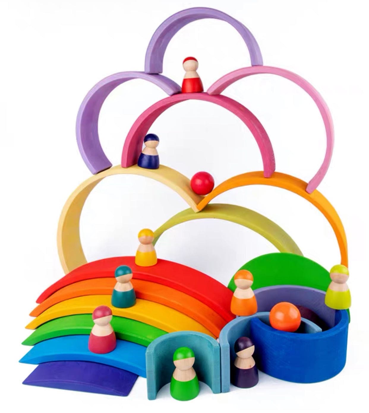 12 Pcs Rainbow Wooden Peg Dolls in Primary Colors   