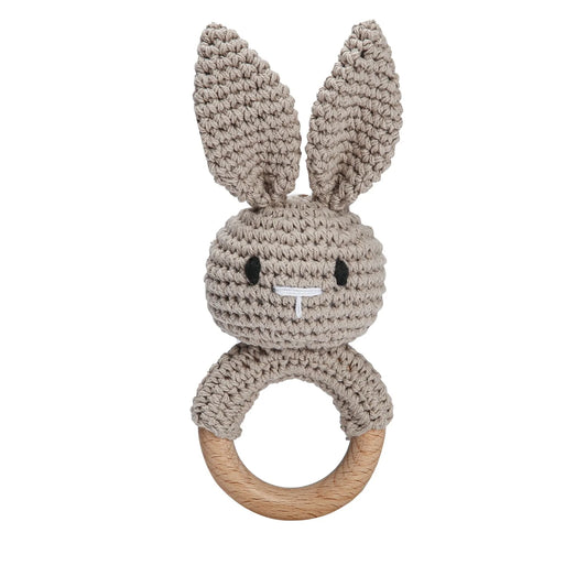 Brown Bunny Baby Rattle Crochet on Wood Ring