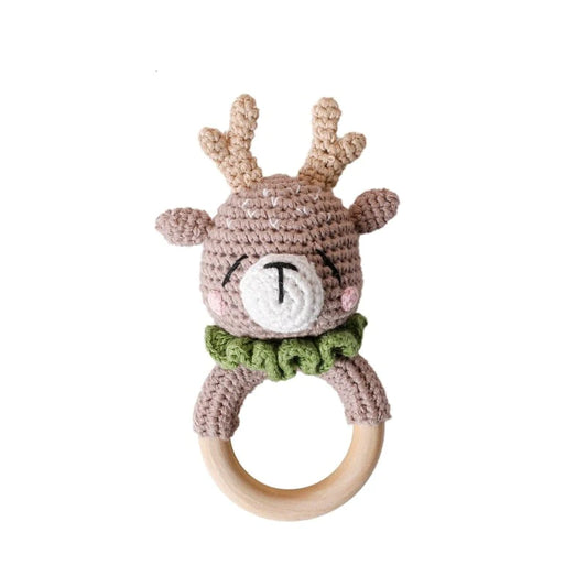 Elk Baby Rattle Crochet on Wood Ring